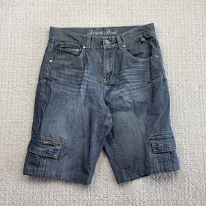 Y2K Black Bull Cargo Denim Jeans Shorts Moto Pockets Military Army Men Sz 32